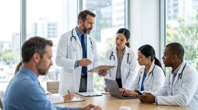 A doctor discussing treatment plans with a multi-disciplinary medical team in a hospital.