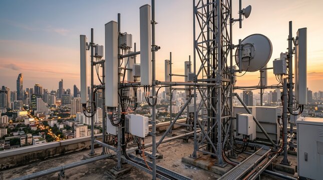 Modern 5G and 4G cellular base station equipment installed on a building rooftop