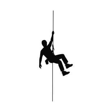 Rock climber rappelling down a rope silhouette vector illustration