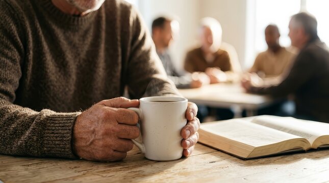 Bible study materials and coffee cups held by men during a faith accountability meeting.