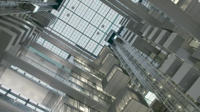 Glass elevators ascend inside a modern atrium with geometric architecture and skylights