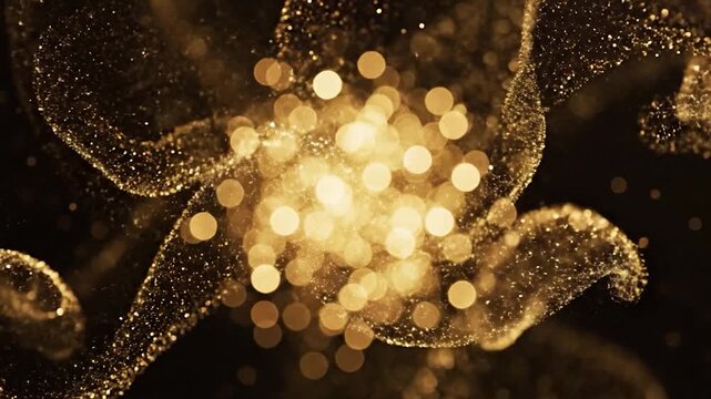 Abstract golden particles swirl and glow in darkness
