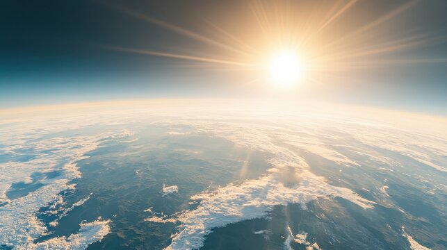Celestial sphere glowing sun over vast ocean and cloudscape from above horizon