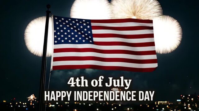 Happy 4th of July greeting, lettering text with USA flag motion background and fireworks burst, American independence day banner