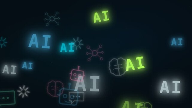 Glowing AI text, robot faces, neural network and brain icons float dynamically on a dark, tech-inspired digital background. Abstract neon colors and smooth motion create a modern, futuristic mood.
