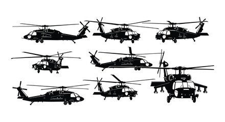 Silhouette of multiple helicopters on white background © Nayem