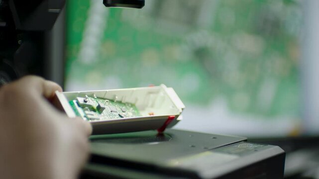 Technician positions electronic device with exposed circuit board under inspection equipment