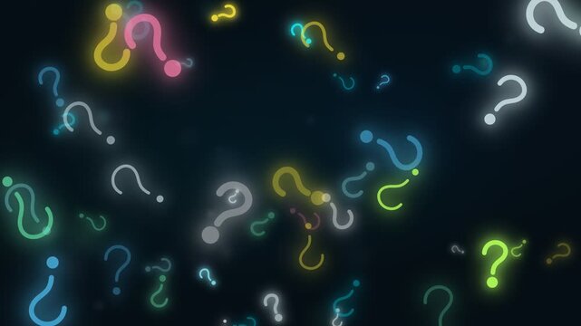 Vivid, glowing question marks in blue, green, yellow, pink and white drift and float on a dark abstract background. Smooth animated motion and soft glow create a modern, mysterious mood. Perfect loop.