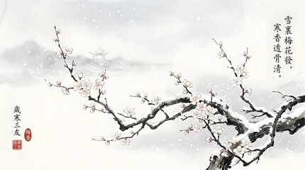 Obraz premium Delicate blooming plum blossom branches covered in fresh winter snow showcase a traditional ink wash painting style featuring intricate botanical details and elegant calligraphy script.