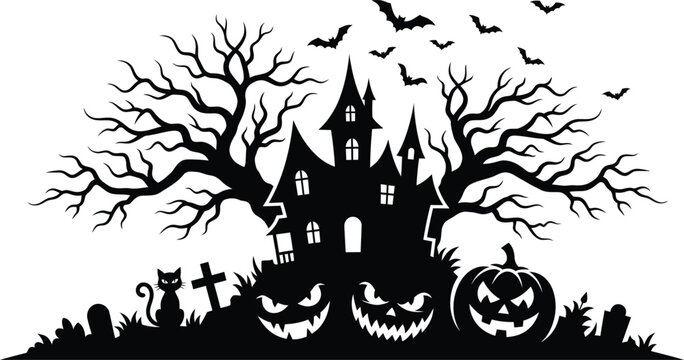 Black silhouette of a spooky haunted house with trees, pumpkins, and bats on a white background