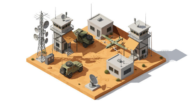 Isometric 3D military base featuring watchtowers, radar dishes, and vehicles on a desert landscape, rendered in a clean, minimalist style with a bright, neutral color palette