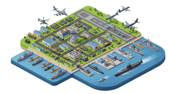 A 3D isometric military base is depicted from a high-angle view, showcasing various airplanes, ships, and buildings in a well-organized layout, set against a clean white background