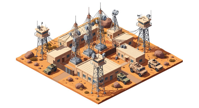 Isometric 3D military base illustration featuring multiple watchtowers and vehicles, rendered with a warm color palette on a square, desert-like terrain and a clean white background