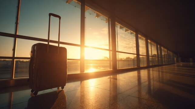 Black suitcase with wheels positioned near airport terminal window at sunset, golden light streaming in