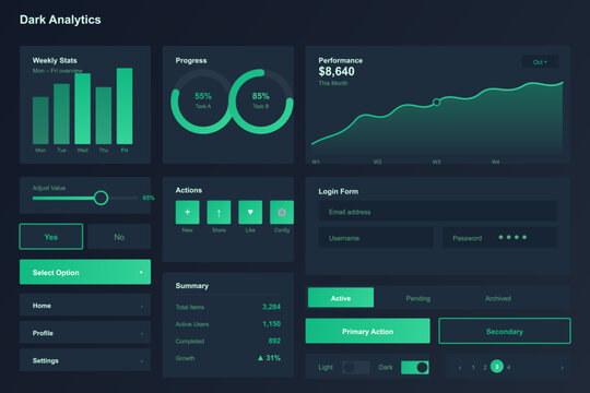 Dark mode analytics dashboard ui kit featuring modern green data visualization charts graphs progress rings and interactive user interface buttons for web app design