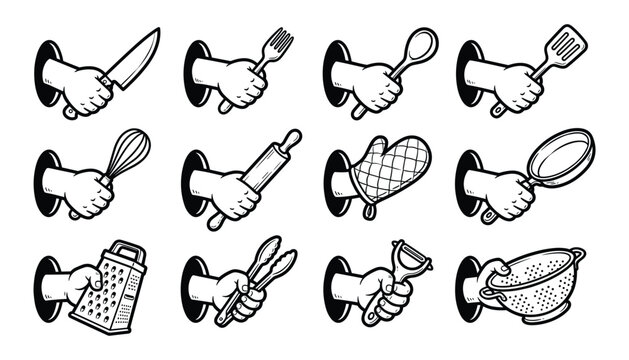 Hand Holding Kitchen and Cooking Tools Icons Set for Culinary, Chef, and Food Preparation Cartoon Illustration