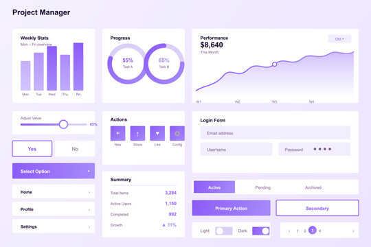 Modern project manager dashboard ui kit featuring purple data visualization charts graphs progress rings and interactive web components for software interface design