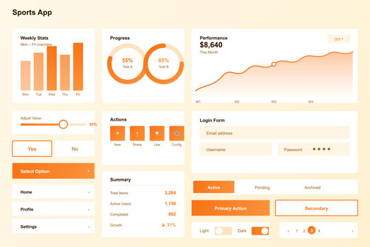 Modern mobile sports application ui kit featuring orange dashboard charts graphs progress rings login forms and interactive ui elements for digital interface design