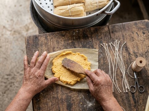 Indigenous maker spreads masa on banana leaf for traditional tamales preparation in kitchen