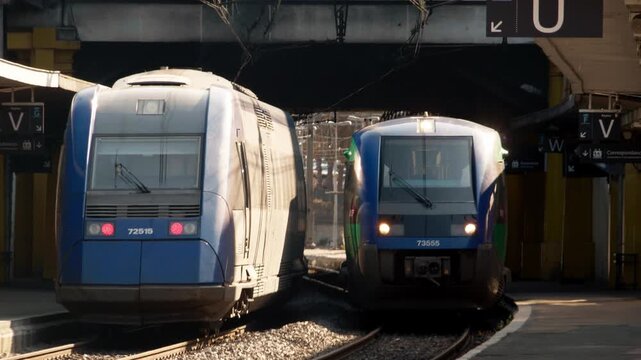 TER trains at a standstill along the platforms of the Limoges station. Urban railway infrastructure under the covered hall, fixed shot.