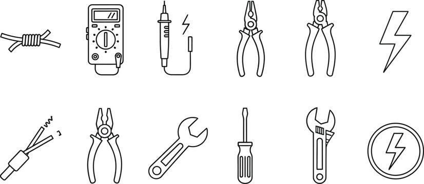 Set of electrical repair tools and equipment icons featuring pliers screwdriver wrench multimeter and power symbols in a clean minimalist line art style