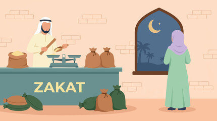 Fototapeta premium Muslim man distributing Zakat food, woman looks at crescent moon