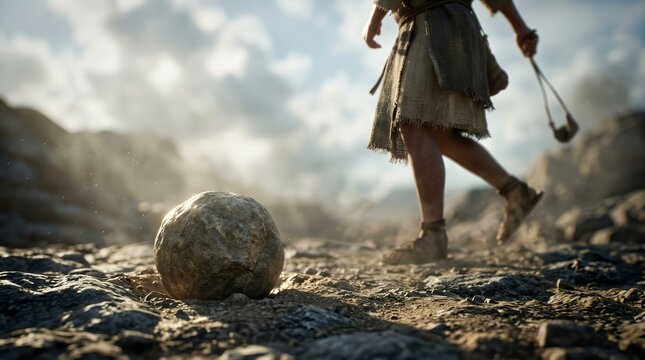 An evocative scene of David and Goliath focusing on the moment a stone leaves the sling