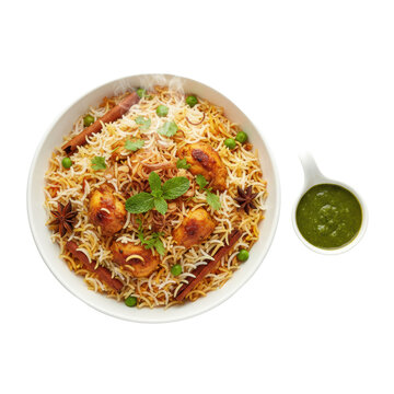 steaming traditional chicken biryani, layered basmati rice, tender chicken, and spices, meticulously garnished, served in a white bowl with green mint chutney on a high-key white background, concept