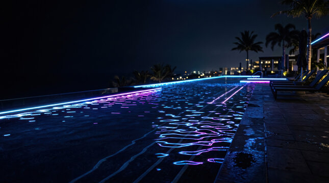 Illuminated infinity pool at night with neon purple lights and palm trees