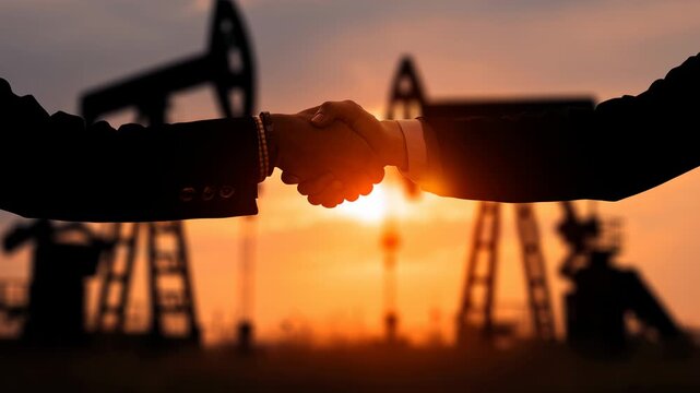 Two partners shaking hands, symbolizing a business agreement and collaboration in the energy sector, silhouetted against a dramatic sunset background with oil pumpjacks illustrating the industry