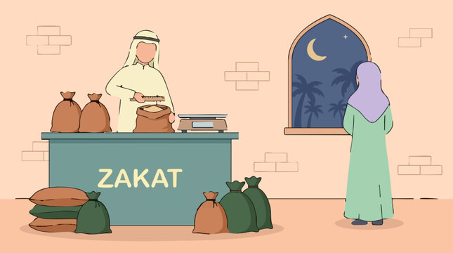 Islamic Zakat al-Fitr food distribution, Ramadan charity and giving concept