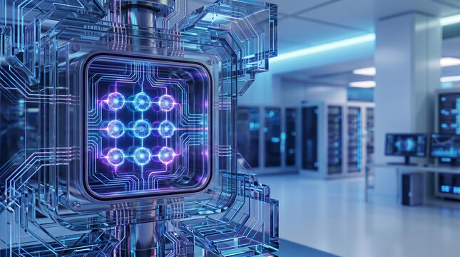 Quantum computer processor chip close up in modern server room background