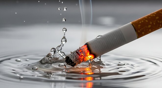 Cigarette being extinguished by water drops creating ripples on a reflective surface.