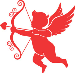 Fototapeta premium Red Cupid Silhouette Vector Illustration with Bow and Heart Arrow for Valentine's Day Greeting Cards Wedding Invitations and Romantic Love Theme Graphic Designs