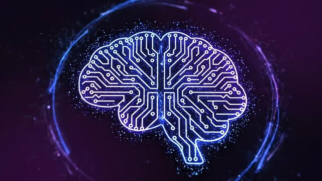 Clean vector-style AI brain icon made of symmetrical glowing circuit lines, centered composition, floating in dark gradient background, neon blue and violet color palette