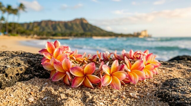 Beautiful plumeria lei at a Waikiki beach luau party in Hawaii.