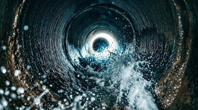 A cut main sewer line being hydro jetted for professional cleaning.