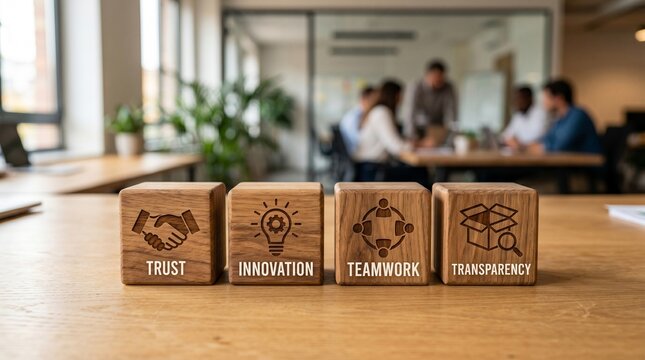 Wooden blocks with icons spelling trust innovation teamwork transparency in meeting room