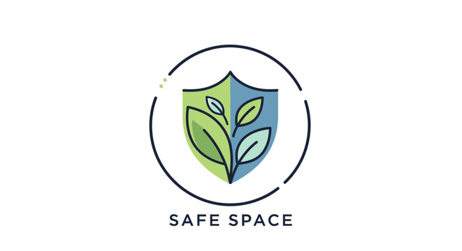 Green shield logo symbolizing a safe space with leaves and a protective circle