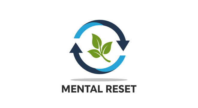 A conceptual emblem for mental reset, featuring dynamic circular arrows embracing fresh green leaves, symbolizing renewal, growth, and a revitalized mind for well-being