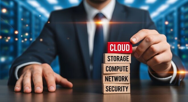 IT executive hand placing red cloud block on wooden stack symbolizing secure server storage compute and network infrastructure