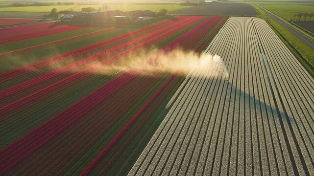 Aerial view of a tractor spraying colorful tulip fields during golden hour in Flevoland, Netherlands.