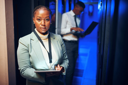 Portrait, programming and black woman in server room, tablet for software upgrade and connection. People, engineer or programmer in workplace, datacenter maintenance and internet for firewall install