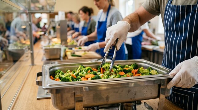 Group of volunteers preparing delicious meals for a church conference.
