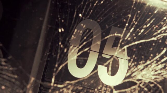 Macro Close-up of Broken Vintage Flip Clock with Cracked Glass and Mechanical Second Dial
