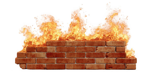 A brick wall on fire with flames and smoke rising isolated on transparent background