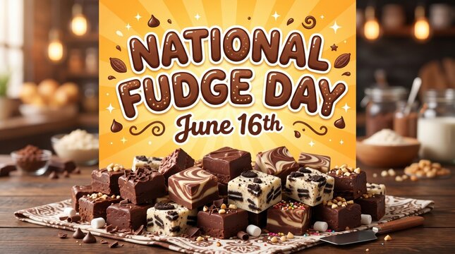National Fudge Day sign with assorted chocolates