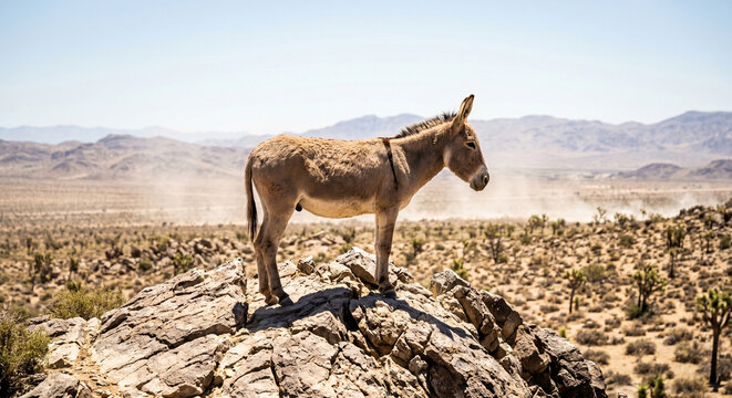 &nbsp;A cinematic environmental shot of a wild Burro standing on a jagged ridge in the Mojave Desert. The focus is on its sturdy, sun-bleached coat