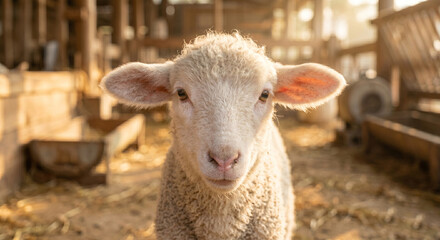 Naklejka premium An intimate, head-on portrait of a young lamb in a sun-drenched barn. The focus is on its oversized, floppy ears and the incredibly soft, downy texture of its newborn wool. 
