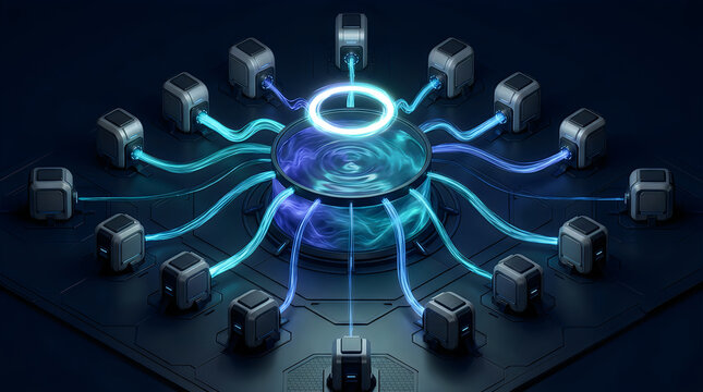 Centralized energy hub with glowing conduits and modular power units